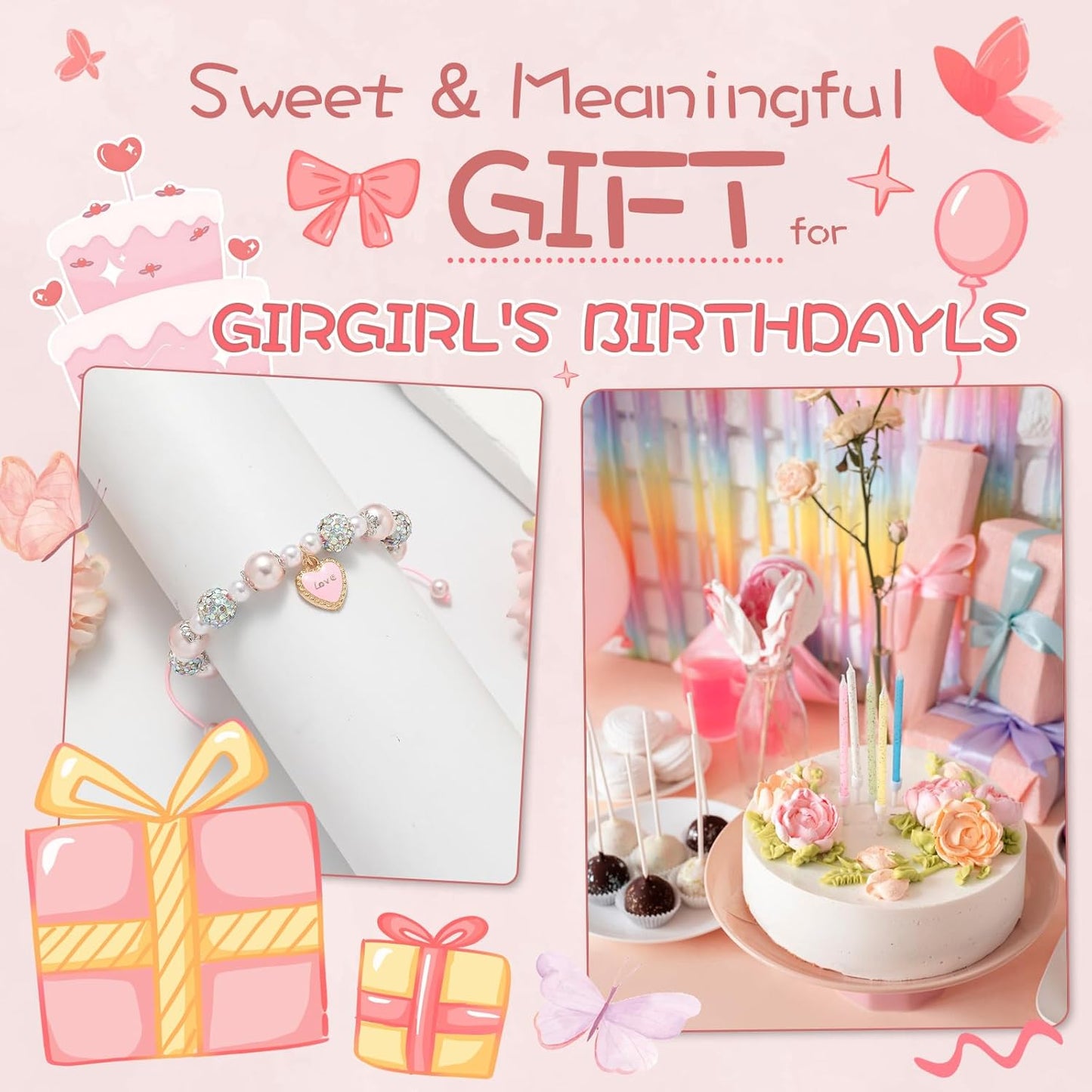 Artlunar Pink Pearl Butterfly Bracelet for Girls, Adjustable Sliding Knot (5.2”-9”) Stainless Steel & Pearl Charm – Kids Birthday Gift Jewelry for Daughter, Granddaughter, Niece