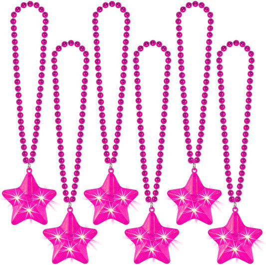 6 Pack Pink LED Glow Star Necklace Bulk Beaded Necklaces for Halloween Christmas Decorations Mardi Gras Party Favors
