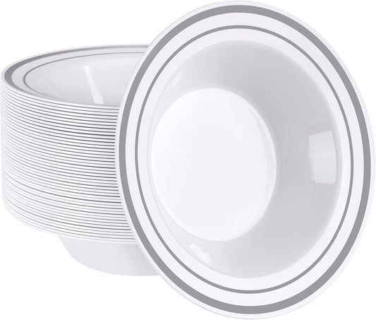 SETUP [Case of 400 12 oz. Dessert Soup Bowls with Silver Rim, Plastic Bowls Disposable - Premium Heavy-Duty Disposable Soup Bowls for Party, Wedding, and All Occasions