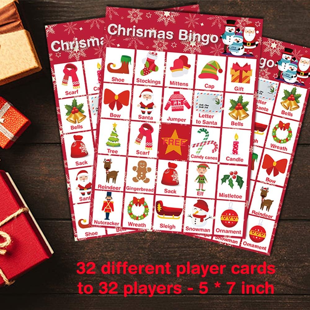 V-Opitos Christmas Bingo Game, 32 Players - Christmas Party Games for Kids and Adults, Xmas Bingo Card for Family/Class/Group Activities
