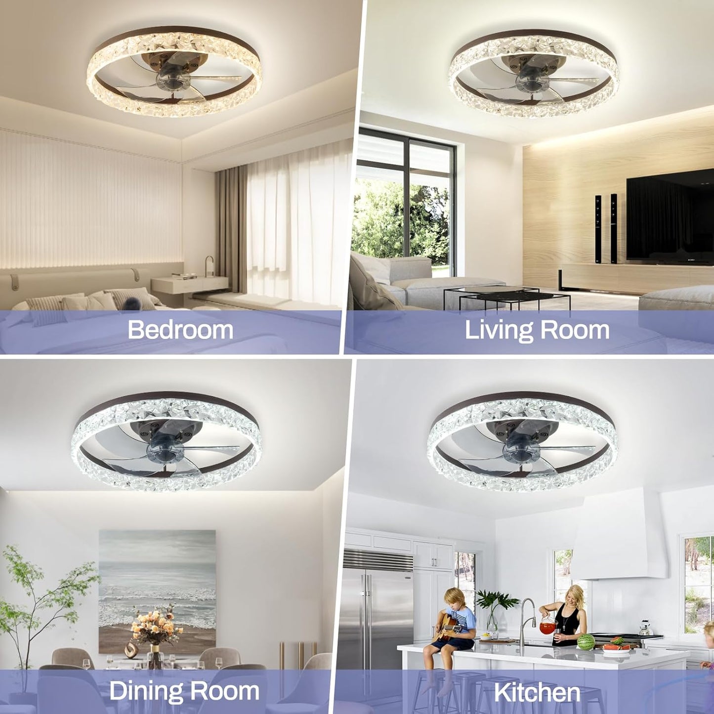 20" Low Profile Ceiling Fans with Lights and Remote Fandelier Ceiling Fan Flush Mount 3000K-6500K Smart Bladeless LED Fan Light Brown Modern Ceiling Fans with Lights for Bedroom