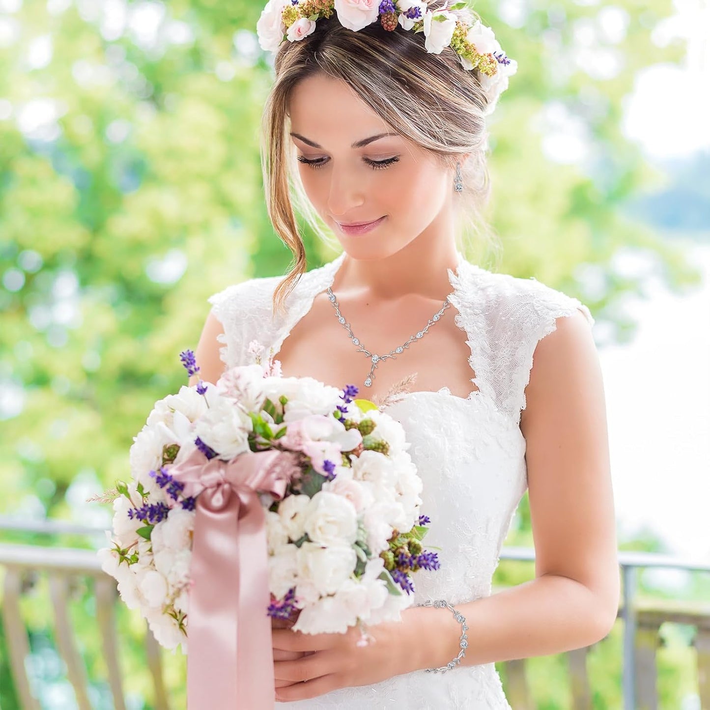 Wedding Silver Jewelry Set for Women Cubic Zirconia Necklace Earrings Bracelet Sets for Bride Wedding Costume Jewelry for Bridesmaid