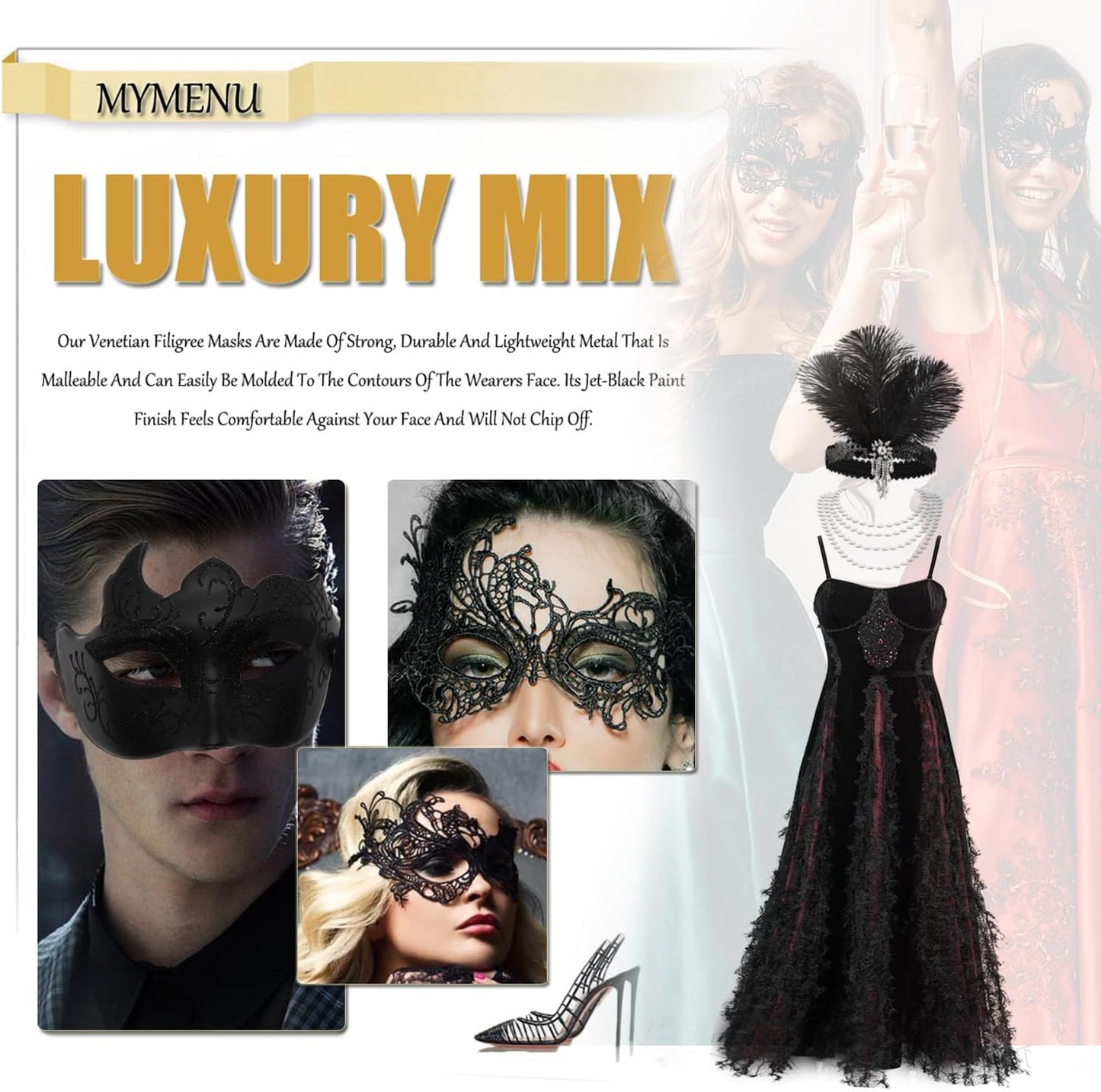 MYMENU Masquerade Mask for Women Couple Mardi Gras Mask for Men Venetian Halloween Mask for Party Prom Ball