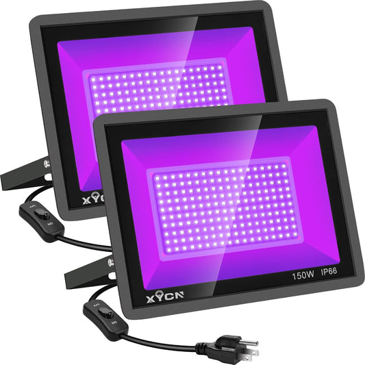 2 Pack 150W Black Light Flood Light, Blacklight with Plug, IP66 Waterproof for Glow Party, Halloween, Neon Glow, Aquarium,Fluorescent Poster,Body Paint,Glow in The Dark