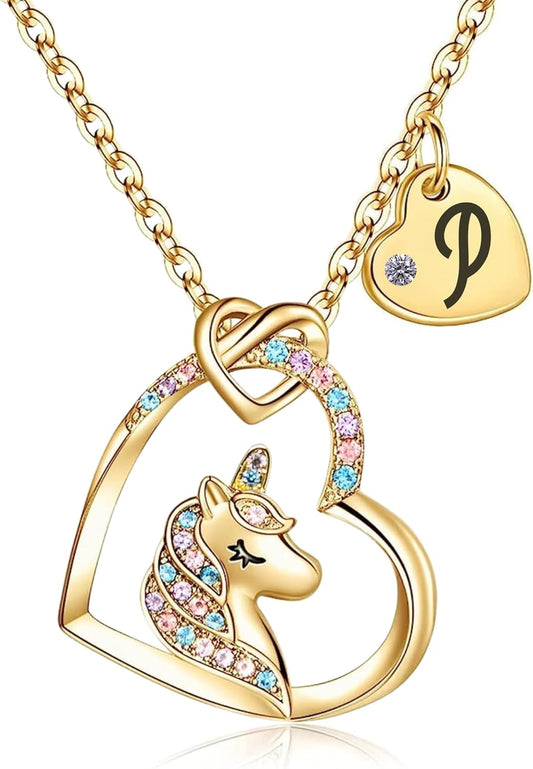 Unicorn Necklace for Girls Kids with Personalized Initial Heart Pendant, 18K Gold Fashion Jewelry for Girls, Colorful Heart Necklace for Birthday Gifts.