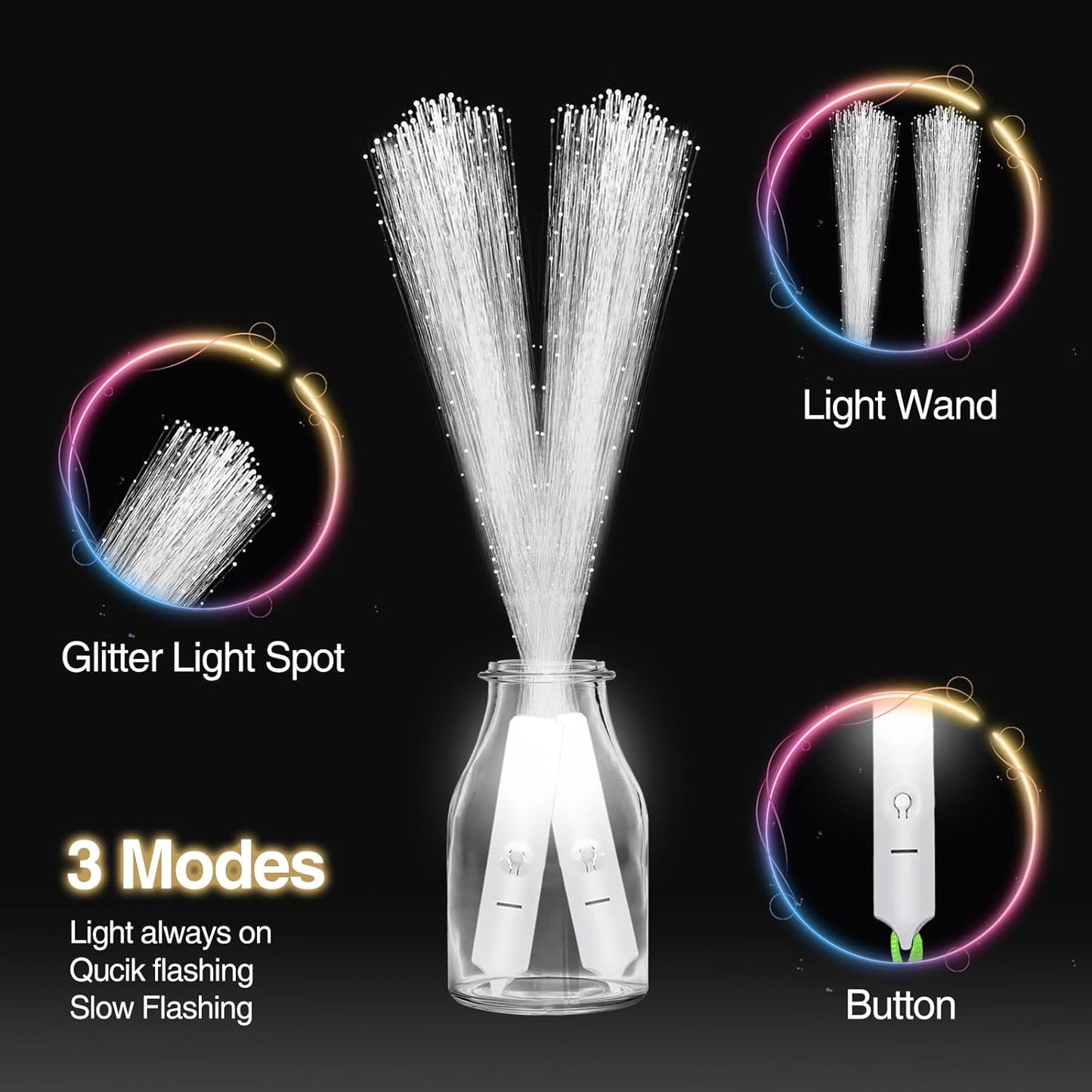 25Pcs White Fiber Optic Wands, Led Cold Sparklers Wedding Send Off Ideas, 3 Flashing Modes Wedding Glow Sticks for Reception, Light up Wands, Fiber Optic Lights for Party Favor