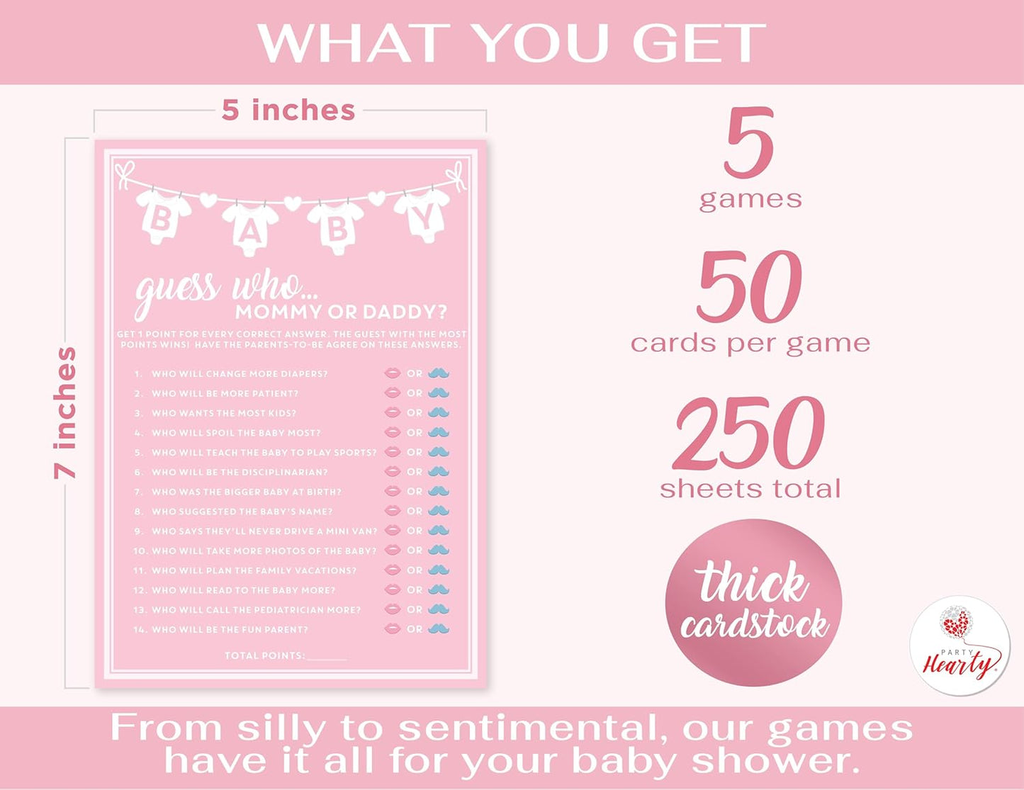 Party Hearty Baby Shower Games for Girl, 250 pcs Pink 5 Games Activities Cards, Funny Baby Shower Games, Baby Shower Ideas