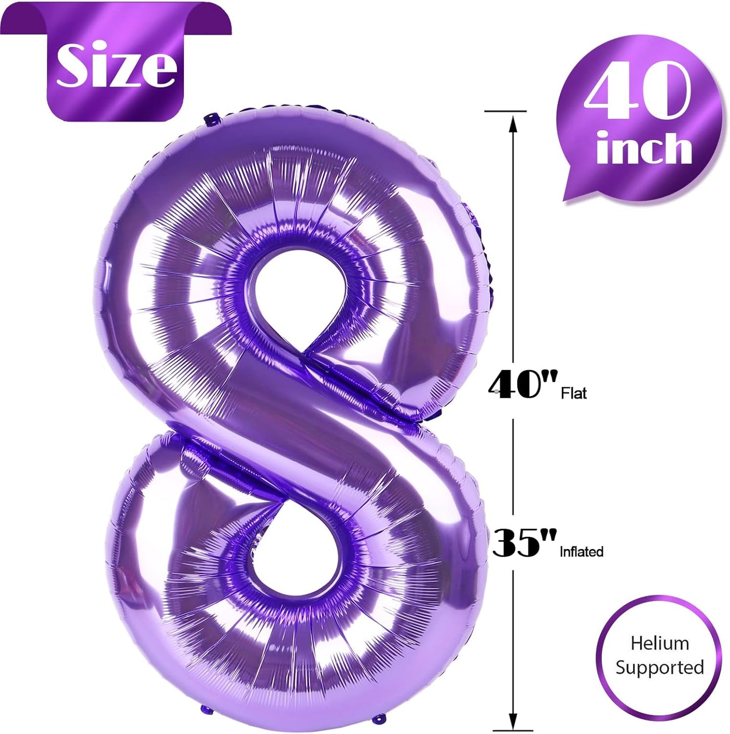 Purple 8 Balloon, Number Balloon 40 Inch, Purple Birthday Decorations, 8 18 28 38 80 Birthday Balloons, 8th Purple Party Supplies, Number 8 Balloon
