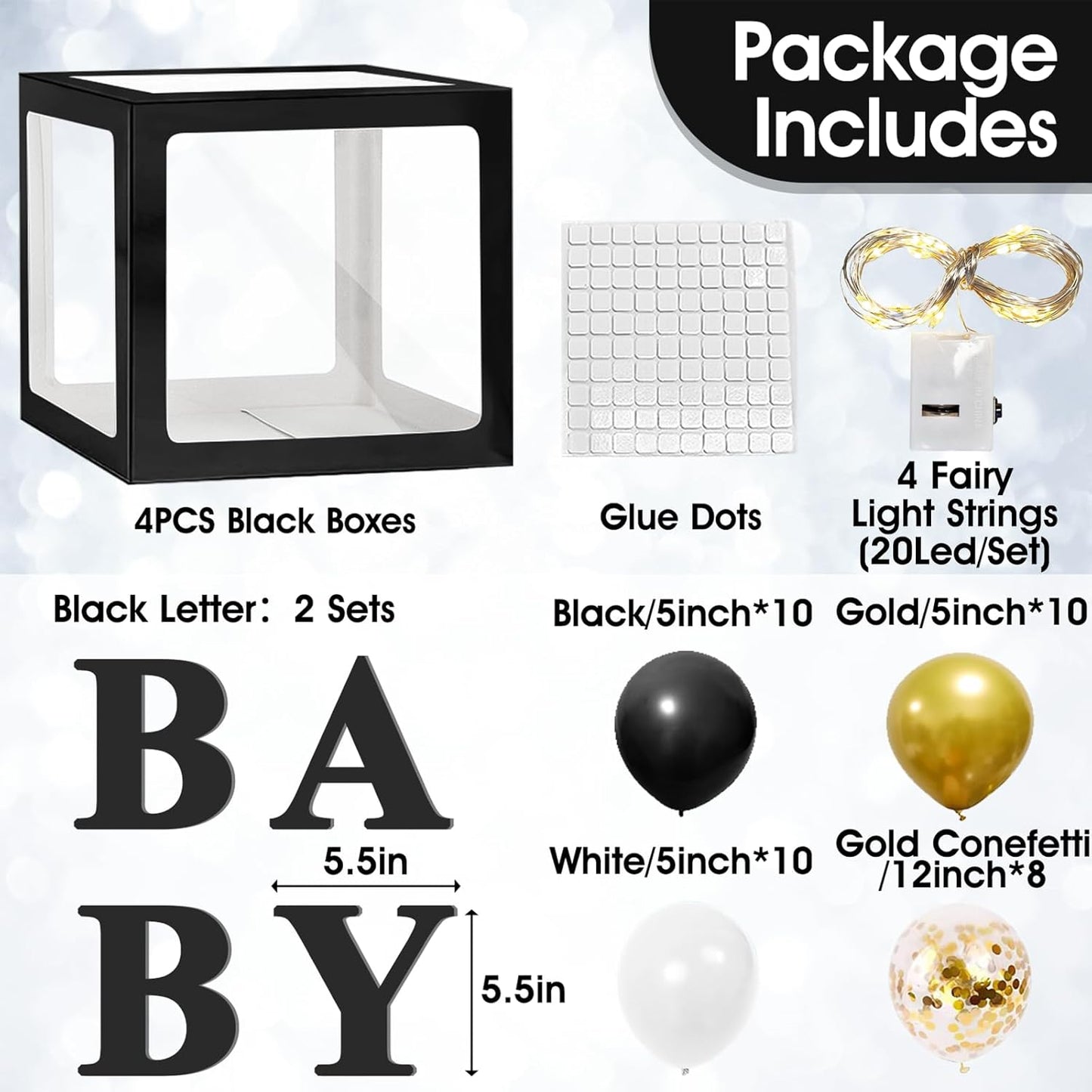Ledido Baby Boxes with Letters for Baby Shower Decoration, 4 pcs Clear Balloon Boxes Blocks with LED Fairy String Lights 38 Balloons for Boy Girl Gender Reveal Birthday Party (Black)