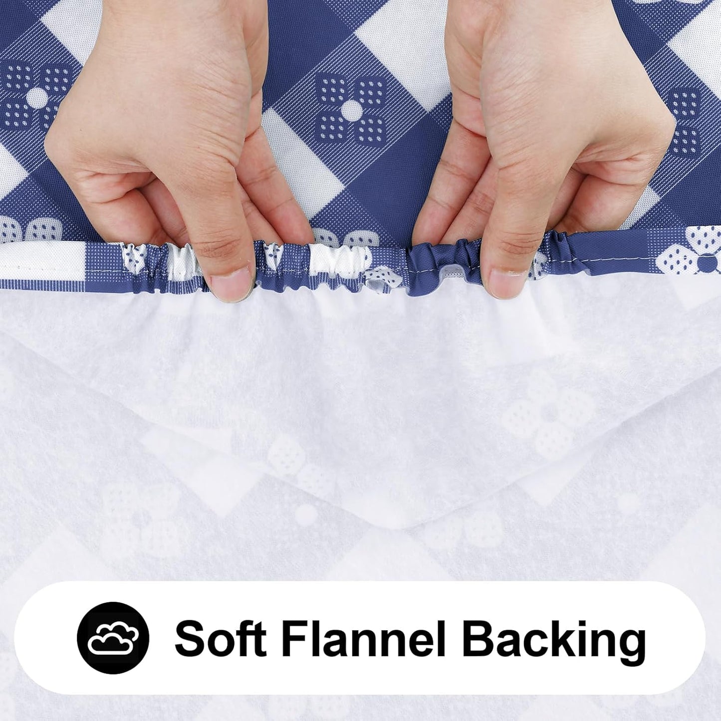 Rectangle Vinyl Table Cloth, Waterproof Elastic Fitted Tablecloth with Flannel Backing, Plastic Table Cover for Picnic, Camping, Outdoor (White & Navy, 30"x48")