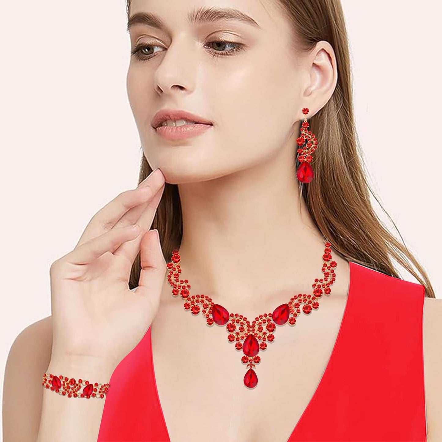 Crystal Bridal Wedding Jewelry Sets for Women Rhinestone Teardrop Crystal Statement Choker Necklace Drop Earrings Link Bracelets Rings Teardrop Jewelry Set for Brides Bridesmaids