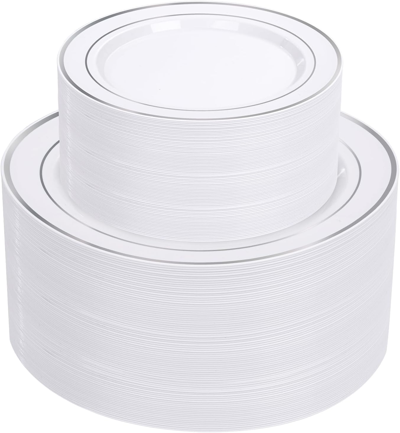 Supernal 102pcs White and Silver Plastic Plates Disaposable Party Plates White Silver Rim Heavy Duty Fancy Silver Plastic Dinnerware Set included 51 Dinner & Dessert Plates for Birthday and Wedding