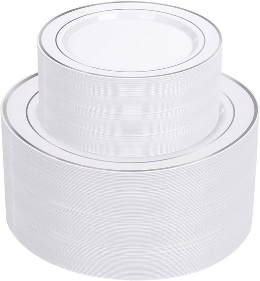 Supernal 102pcs White and Silver Plastic Plates Disaposable Party Plates White Silver Rim Heavy Duty Fancy Silver Plastic Dinnerware Set included 51 Dinner & Dessert Plates for Birthday and Wedding