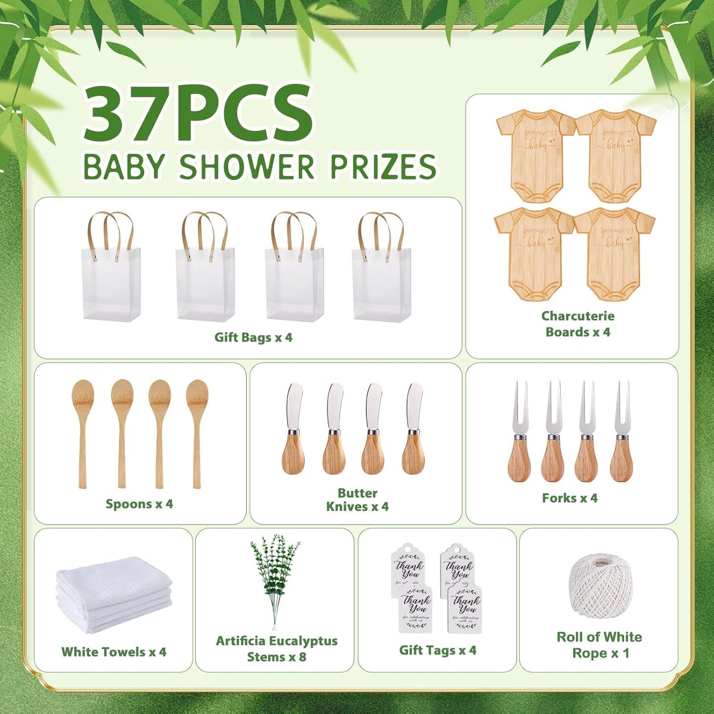 Baby Shower Prizes for Game Winners Bodysuit Shaped Cheese Board Gift with Spoons Butter Spreaders Gift Bags Kitchen Towels Bridal Shower Party Favors for Guests (Bodysuit Shaped, 4 Sets)