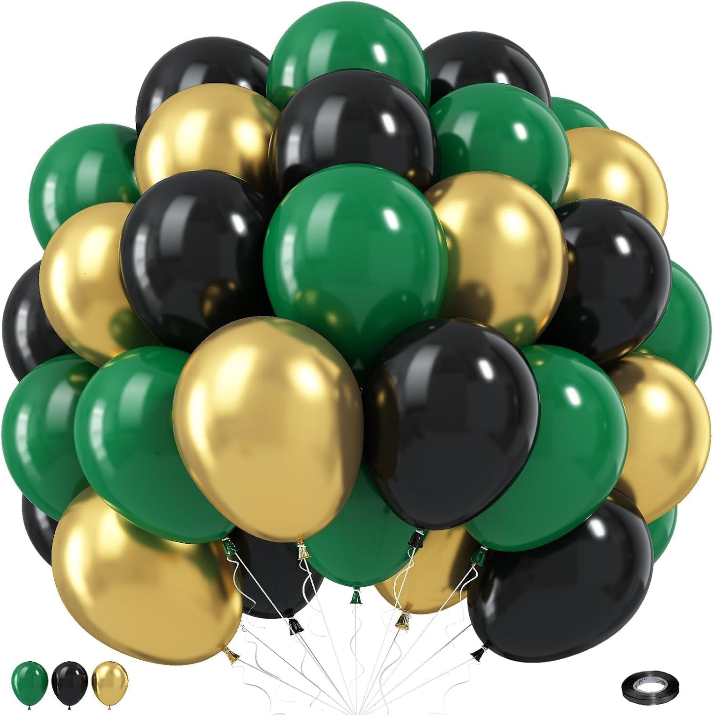 Balloons Green Black and Gold, 70pcs 12 Inch Dark Green Metallic Chrome Gold Black Latex Helium Balloons for Jungle Safari Theme Birthday Video Game Party Supplies Graduation Wedding Party Decorations