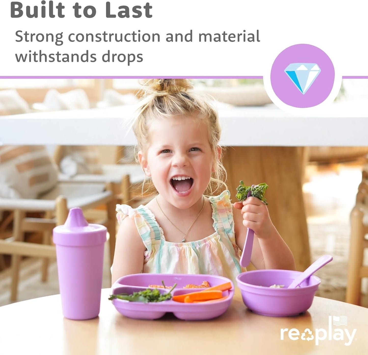 Re-Play Toddler Plates with Dividers - Deep-Walled 3 Compartments Divided Plates for Kids - Dishwasher & Microwave Safe - Made in USA - Set of 6-7.37" x 7.37" x 1.25" - Fairytale