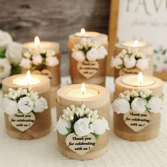 12 pcs Handmade White Rose Wood Tealight Candle Holder,Bridal Shower Tealight Holder Thank You Gifts, Wedding Favors for Guests, Wooden Cylinder Candle Holders for Table Centerpiece