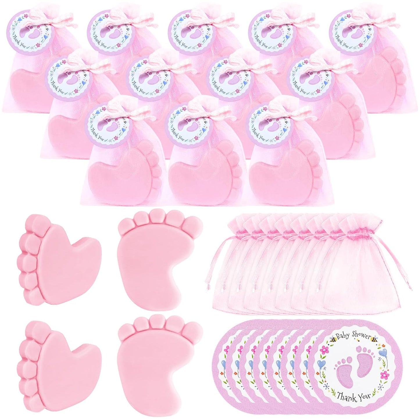 30 Sets Baby Shower Favors Refreshing Feet Soap Perfect for Guests Gifts with Organza Bags Thanks Cards Birthday Party Decoration Game Prizes（pink）