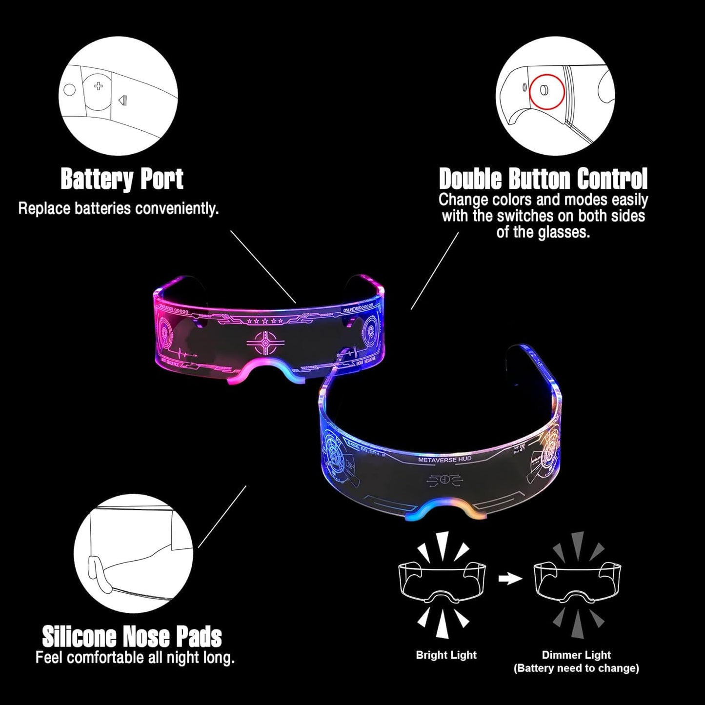 2 pack Light Up Glasses For Party LED Glass For Adults Kids Futuristic Sunglasses 7 Color Neon Glasses Glowing In Dark Accessories,Gifts(Elegant Style)
