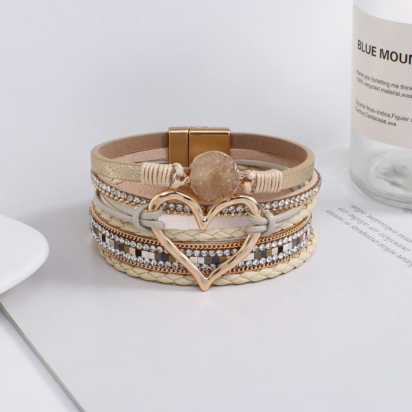 Leather Wrap Bracelet for Women Beaded Cuff Bracelet with Heart-shape Decor Bohemian Crystal Bracelet Jewelry with Clasp Bangle Bracelet for Women Girls Birthday Holiday Gift