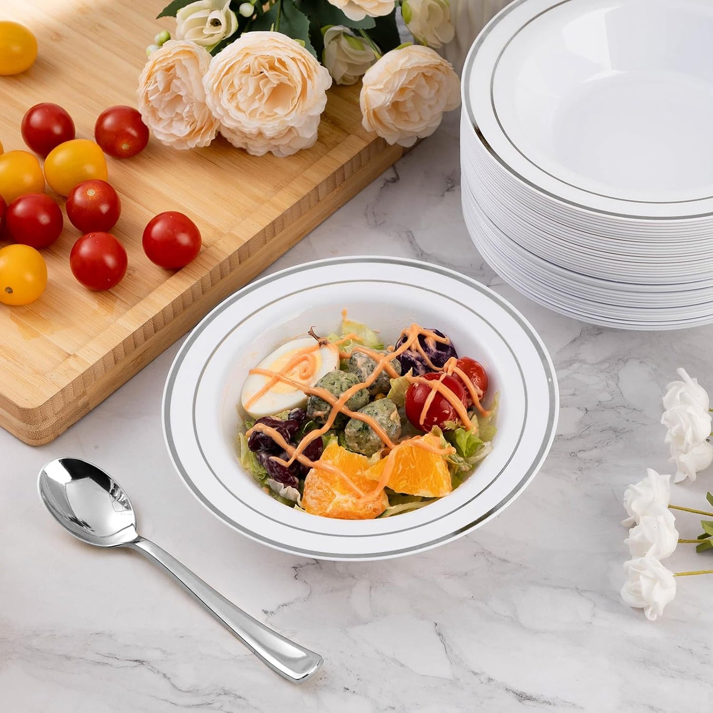 Goodluck 25 Pack Plastic Bowls with Silver Rim, 12oz Disposable Soup Bowls for Weddings, Parties, Dinners, Catering, and Everyday Use