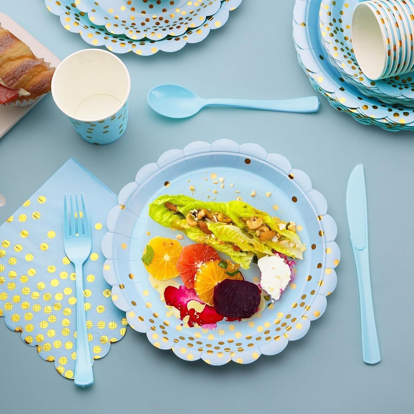 Blue and Gold Party Decorations 175PCS Light Blue Paper Plates and Napkins and Cups With Blue Plastic Forks Knives Spoons for Wedding Birthday Party Baby Shower Decorations Boy