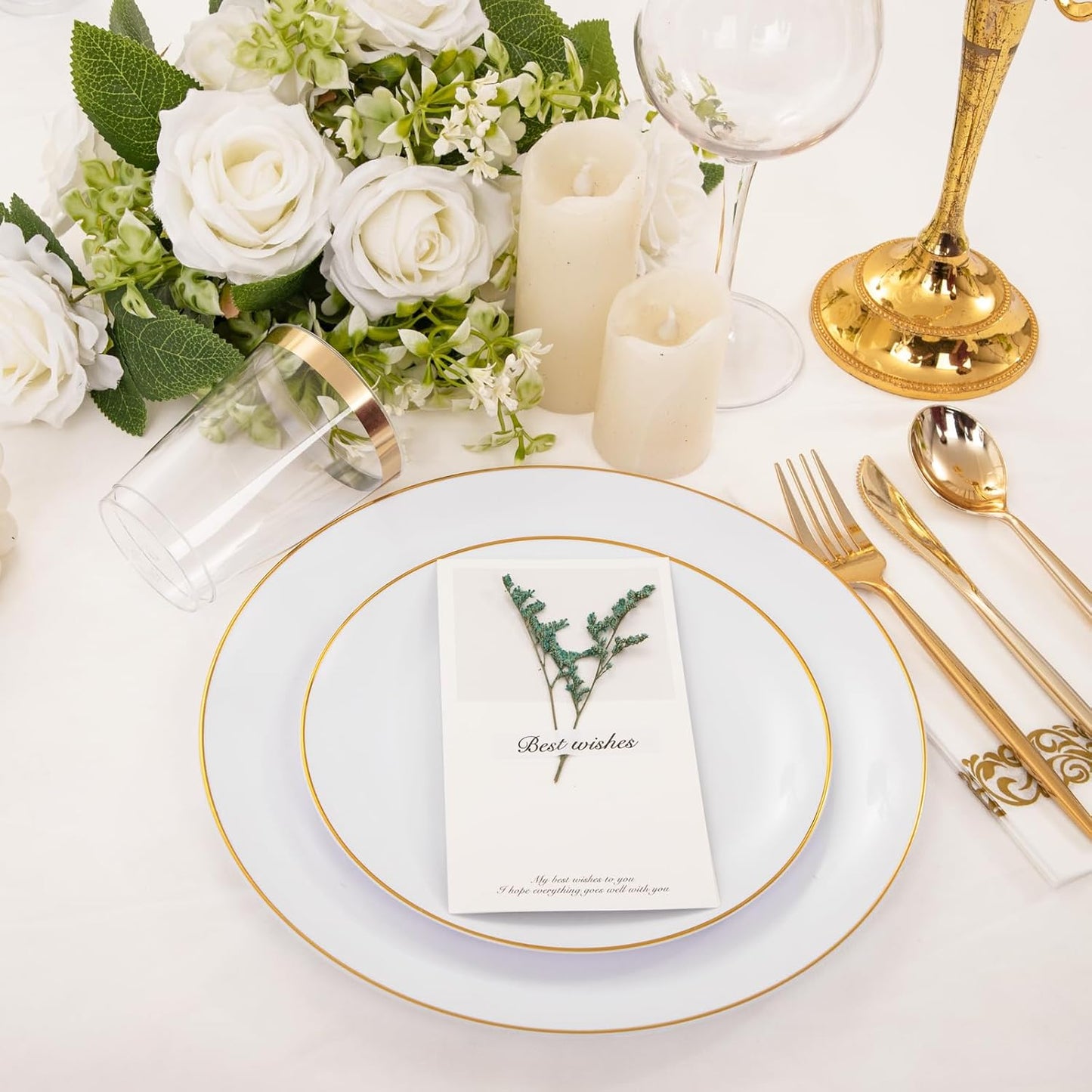 MirthMood 210Pcs Gold Dinnerware Sets, Gold and White Plastic Party Plates, Includes:30 Dinner Plates, 30 Dessert Plates, 30 Paper Towels with 90 Silverware & 30 9oz Cups