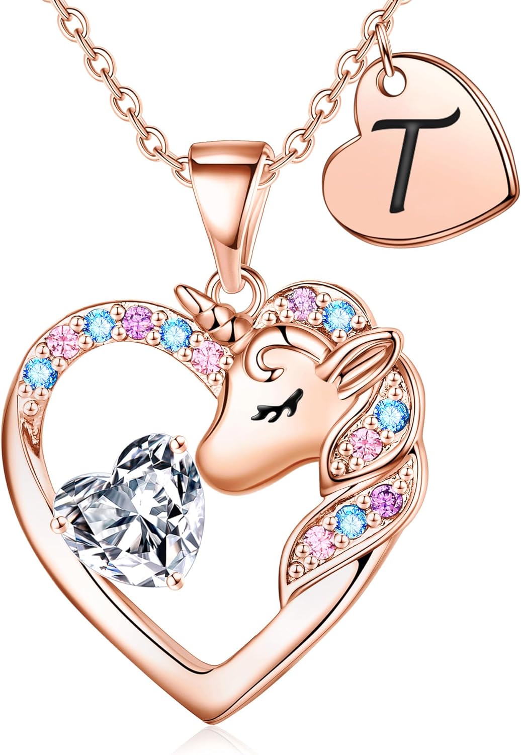 Christmas Gifts for Grandkids Kids - Colorful CZ Heart Initial Unicorn Necklace for Girls Jewelry Unicorn Birthday Gifts for Girls Stocking Stuffers for Kids