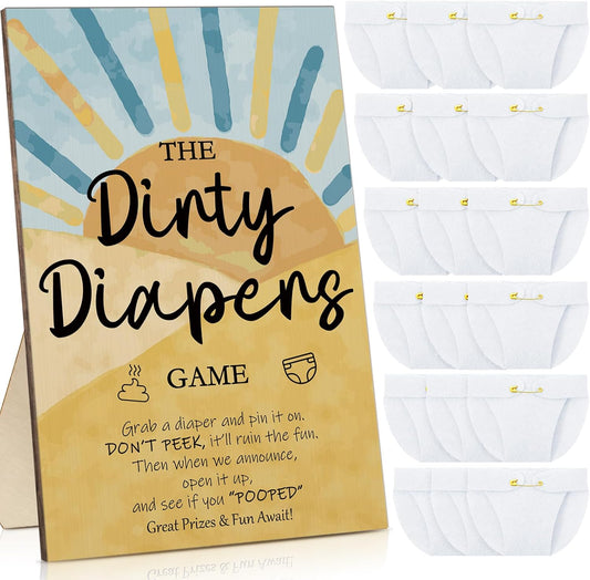 Roowest 51 Pcs Dirty Diaper Baby Shower Games Funny Wooden Sign with 50 Pcs Mini Diapers Cute Felt for Gender Reveal Party Baby Shower (Sun)