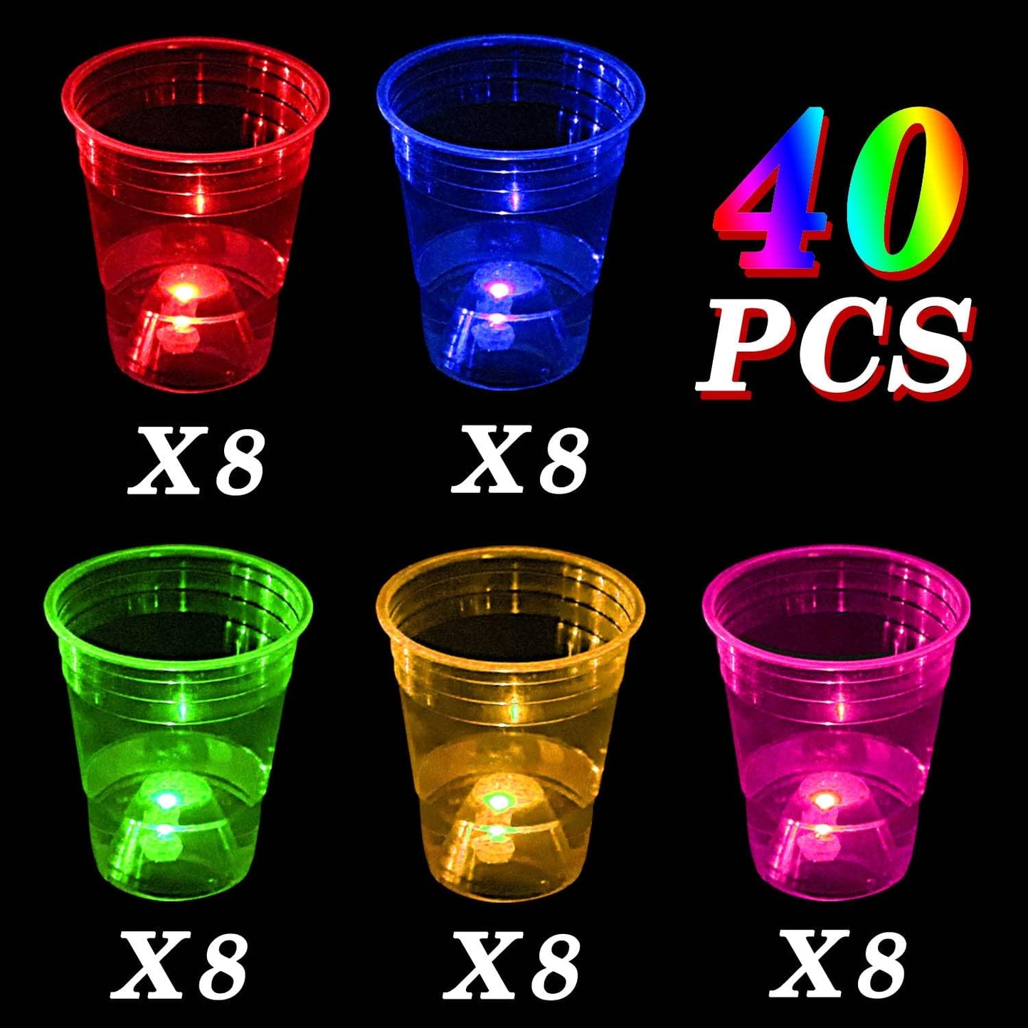 40 Pcs Glowing Party Cups for Indoor Outdoor, Cups Favors for Party Supplies, 5 Bright Multi-Color Glow in the dark Cups for Neon,Birthday,Beach,Holidays Decoration