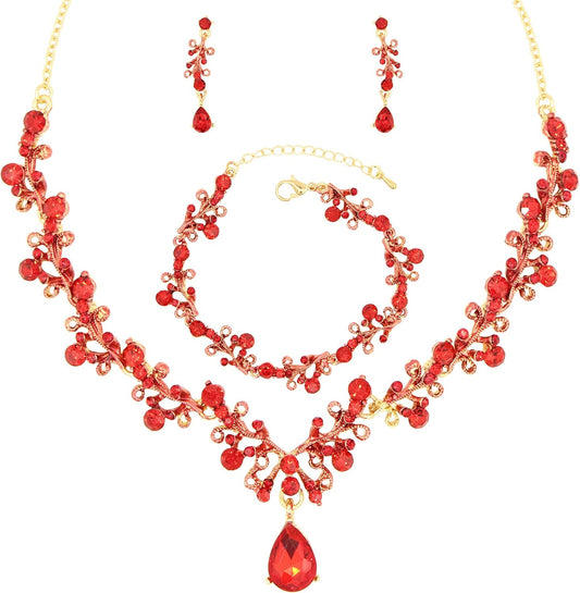 3Pcs Austrian Crystal Jewelry Set for Women, Necklace Dangle Earrings Link Bracelet Jewelry Set with Gold/Platinum/Gun Plated, Wedding Party Jewelry for Bridal Bridesmaid