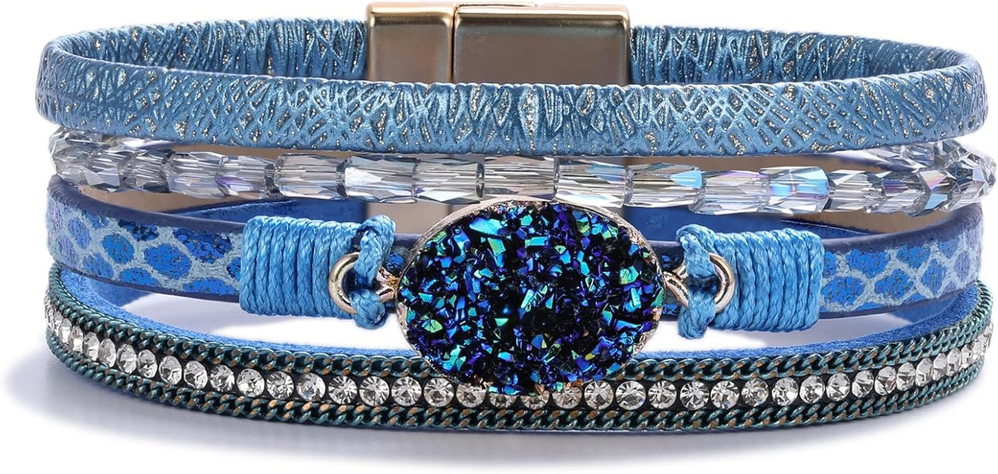 FANCY SHINY Leather Wrap Bracelet Boho Cuff Bangle Bracelets Crystal Bead Bracelet with Magnetic Clasp Jewelry Gifts for Women