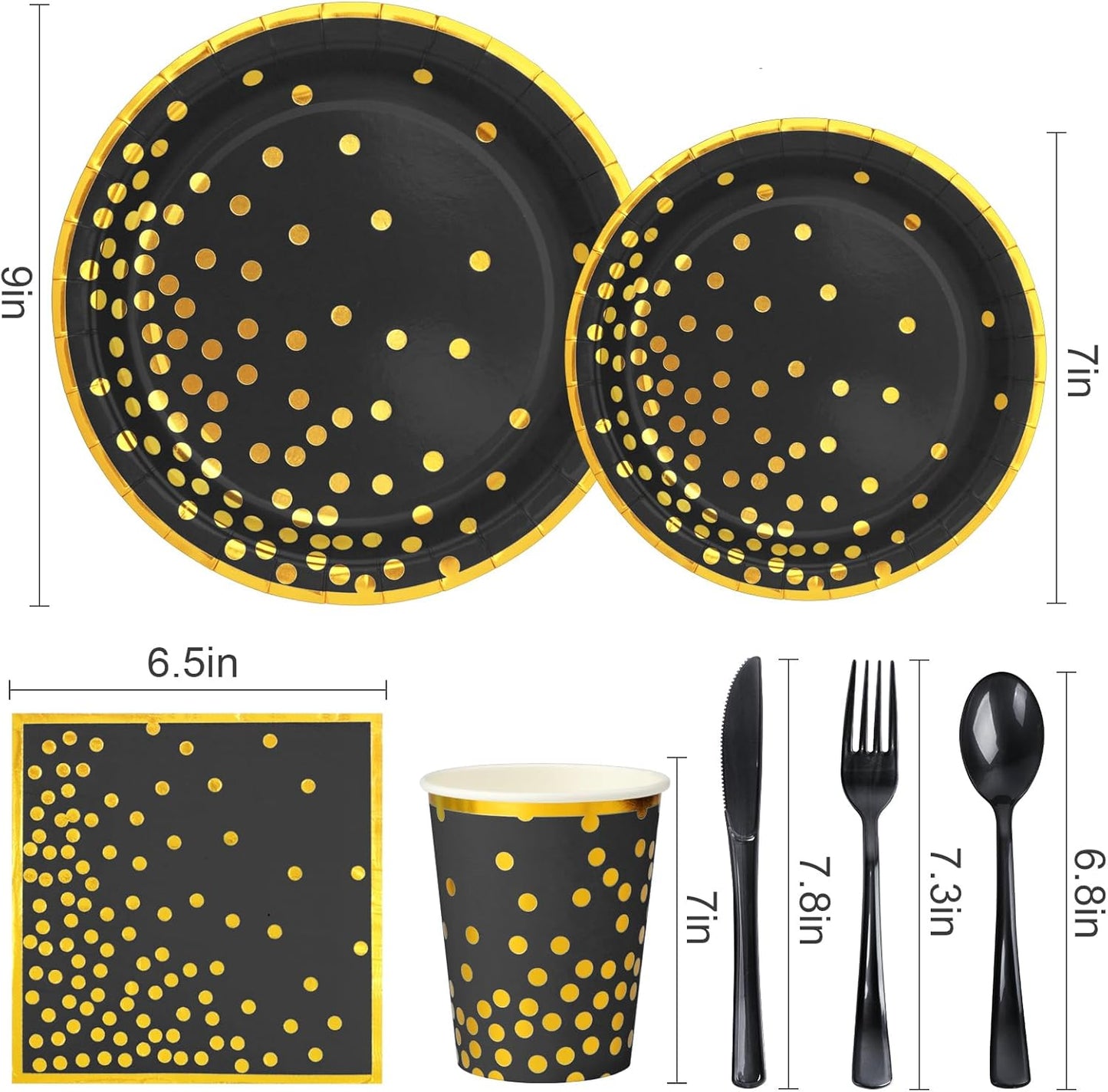 175Pcs Black and Gold Party Supplies, Severs 25 Golden Dot Black Paper Plates Party Dinnerware Include Black Forks Knives Golden Napkins Cups Spoons for Retirement,Graduation, Birthday