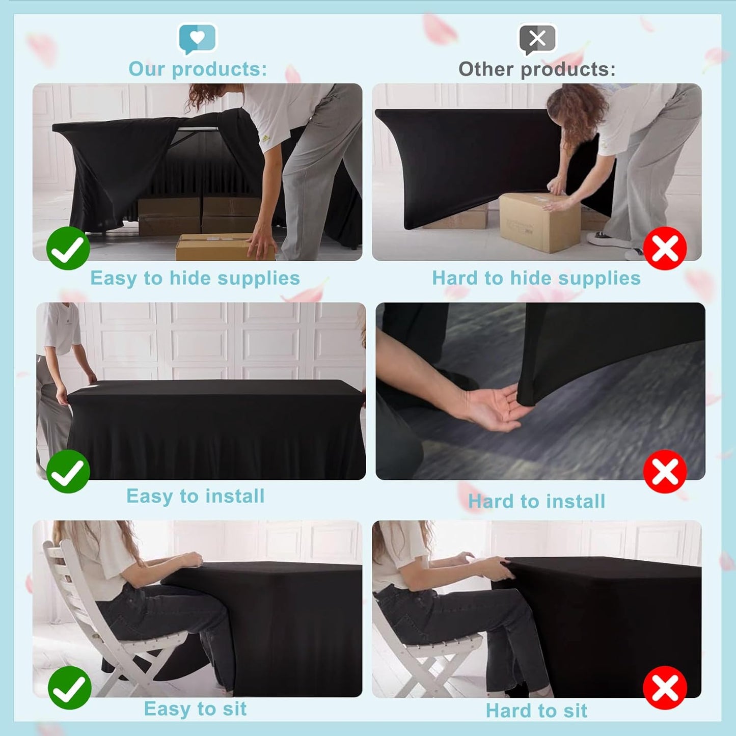 2 Packs Black Table Clothes for 8 Foot Rectangle Tables, One-Piece Wrinkle Resistant Stretch Spandex Table Covers with Skirt for Event Banquet Wedding Birthday Party