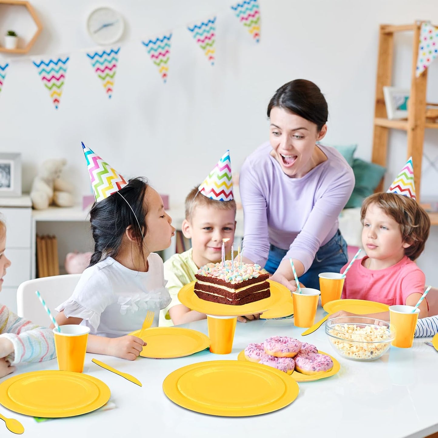 TWOWYHI 229PCS Yellow Party Supplies Set Paper Disposable Plates Cups Plastic Spoons Forks Knives Yellow Napkins for 30 Guests Disposable Party Dinnerware Sets for Wedding Birthday Parties