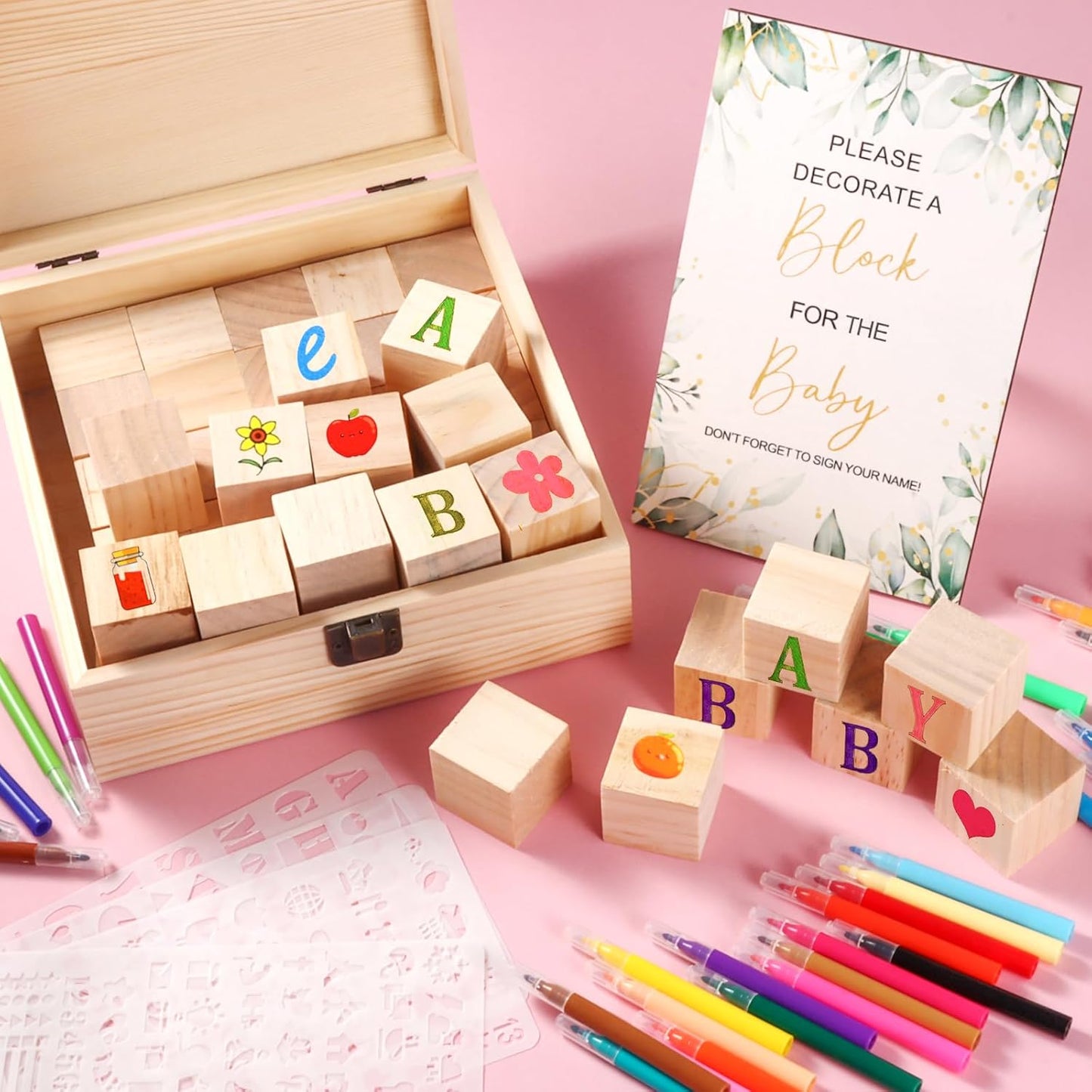 Draupnir 92 Pcs Fun Baby Shower Games Sign Kit Babies Coloring Blocks for Baby Shower, Wooden DIY Blank Blocks Freehand Painting with 36 Paint Markers