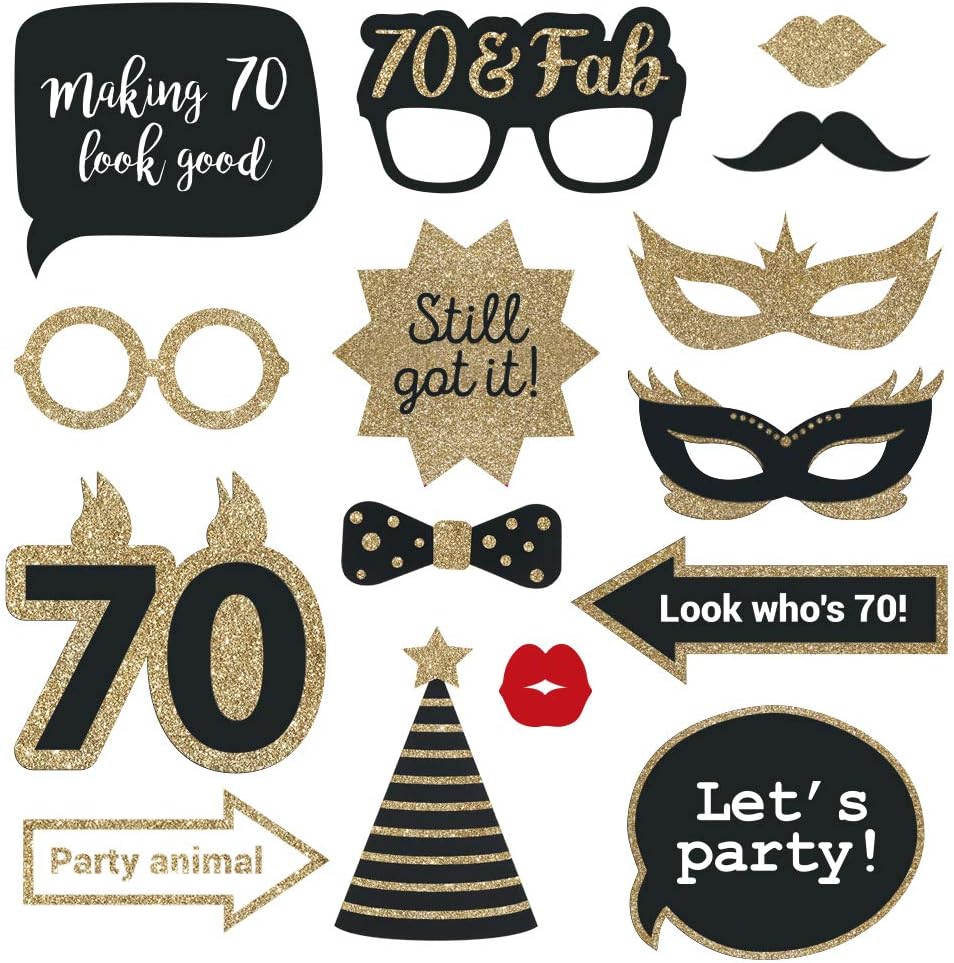 Fully Assembled 70th Birthday Photo Booth Props - Set of 30 - Black & Gold Selfie Signs - 70th Party Supplies & Decorations - Cute Bday Designs with Real Glitter - Did We Mention No DIY