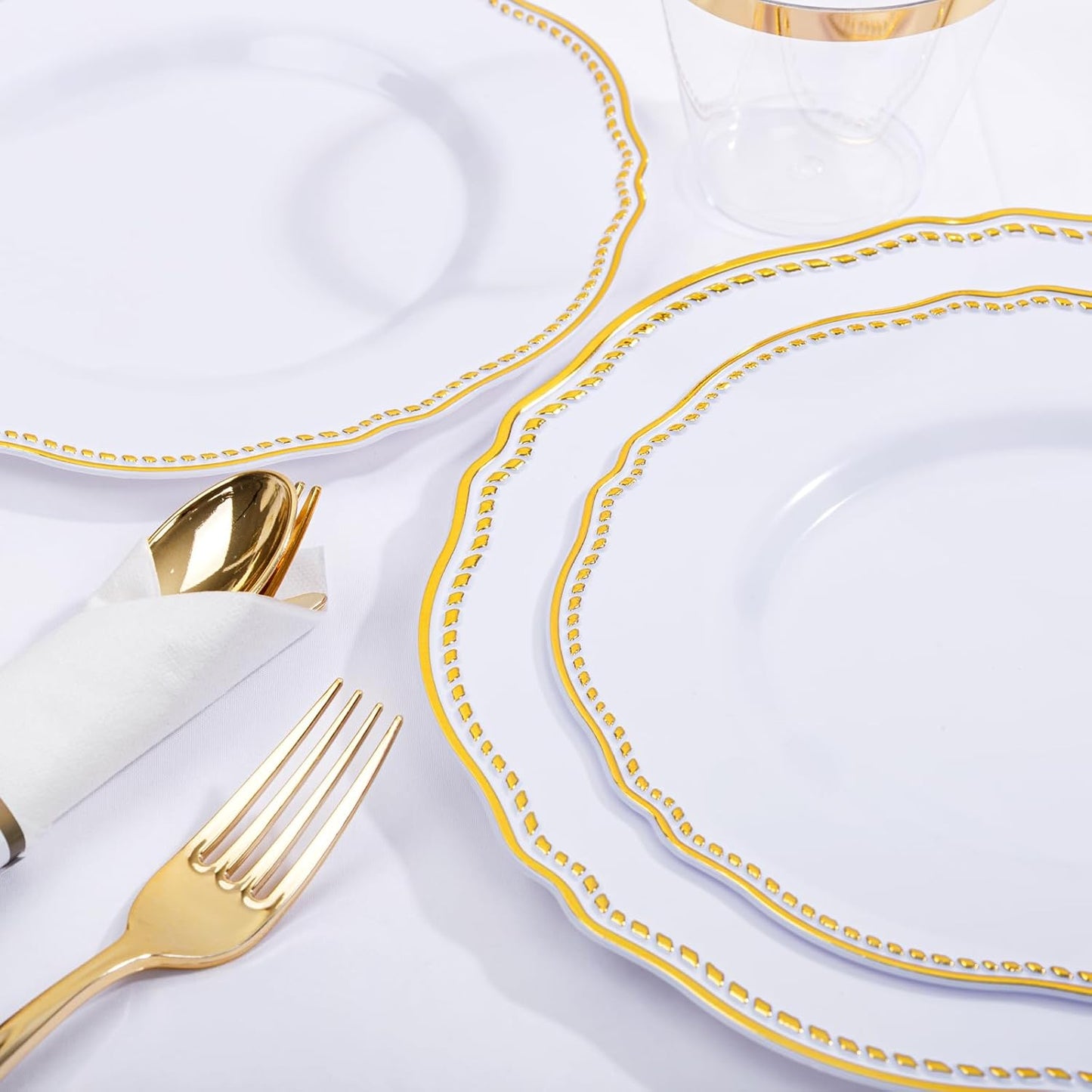 Hioasis 350pcs White and Gold Plastic Plates - Gold Plastic Dinnerware Set Includes 50 Dinner Plates, 50 Dessert Dinnerware, 50 Cups, 50 Rolled Napkin Cutlery Perfect for Wedding & Thanksgiving