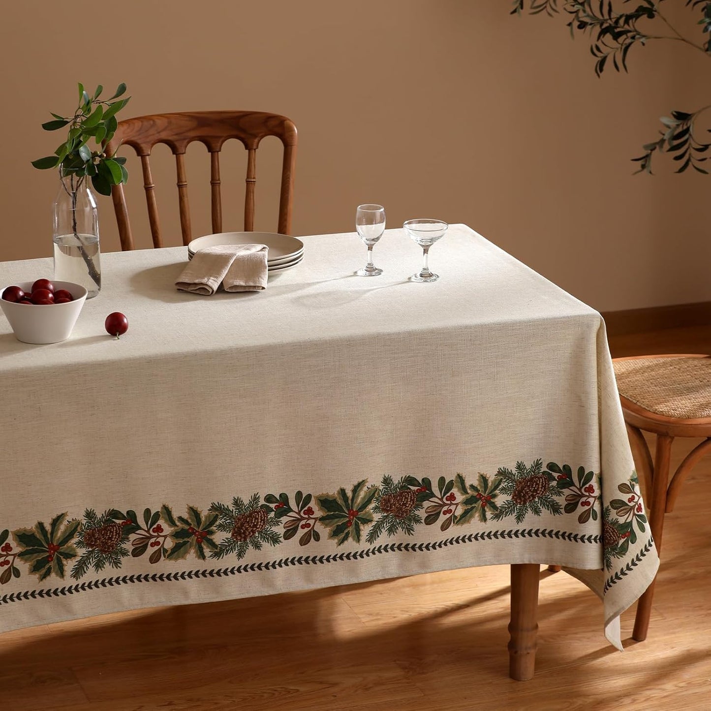 ISAENNE Designer Christmas Linen Long Tablecloth Rectangle,Light Beige Western Table Cloth,Wrinkle Resistant Decor Tablecloths for Dining Thanksgiving Kitchen Christmas,63"*102"-Carol G