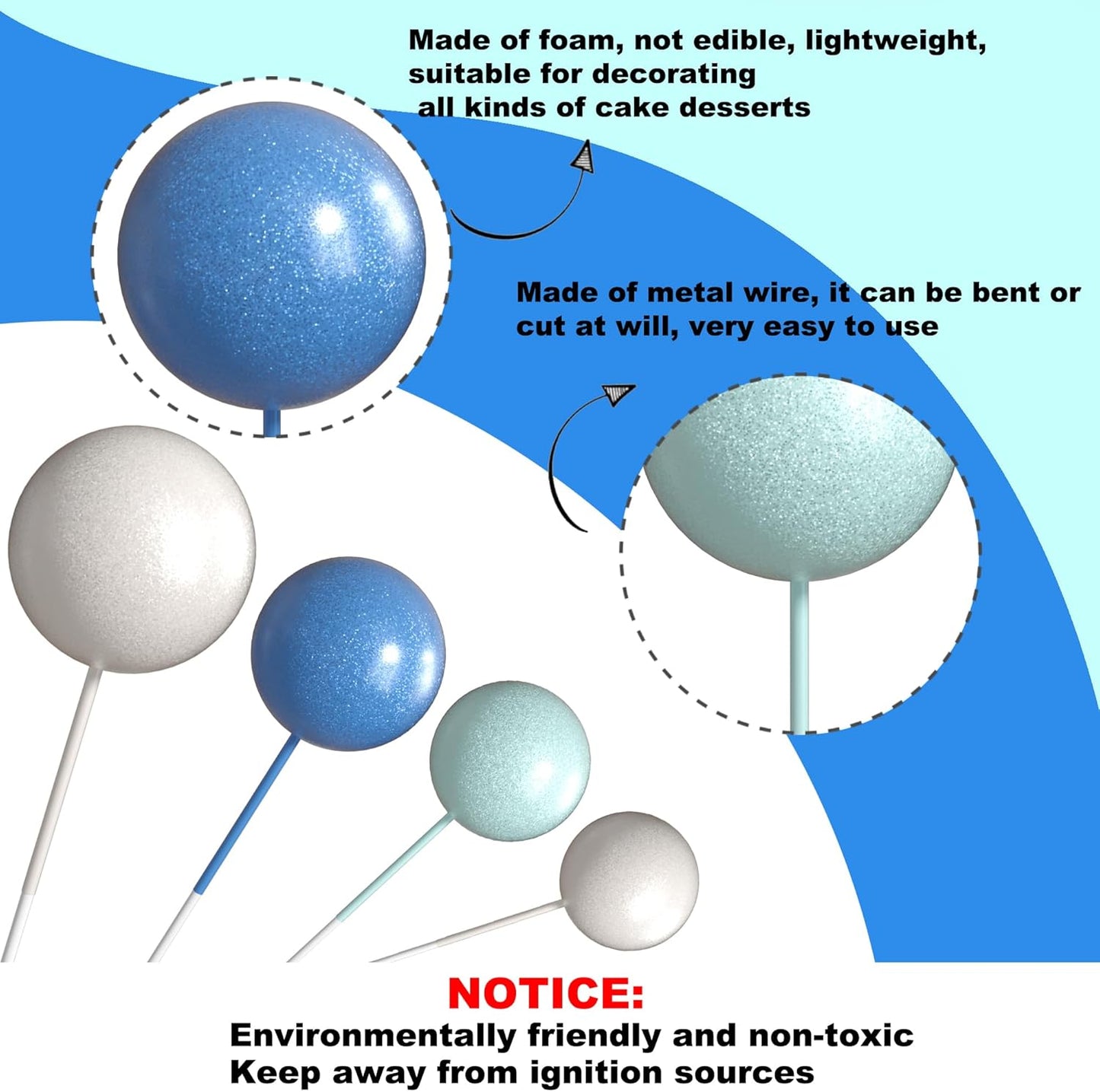 36 Pack Balls Cake Topper Decorations Foam Balloons Cake Decorations Sticks Mini Balloons Cake Toppers Balls Cake Picks for Baby Shower Wedding Anniversary Birthday Party Decorations Blue White