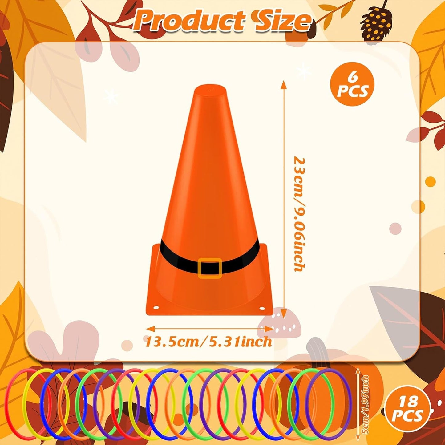 24 PCS Fall Festival Thanksgiving Ring Toss Game Kit 6 Orange Black Cones 18 Toss Rings - Outdoor/Indoor Carnival Party for School, Family Party Favors & Throwing Toy