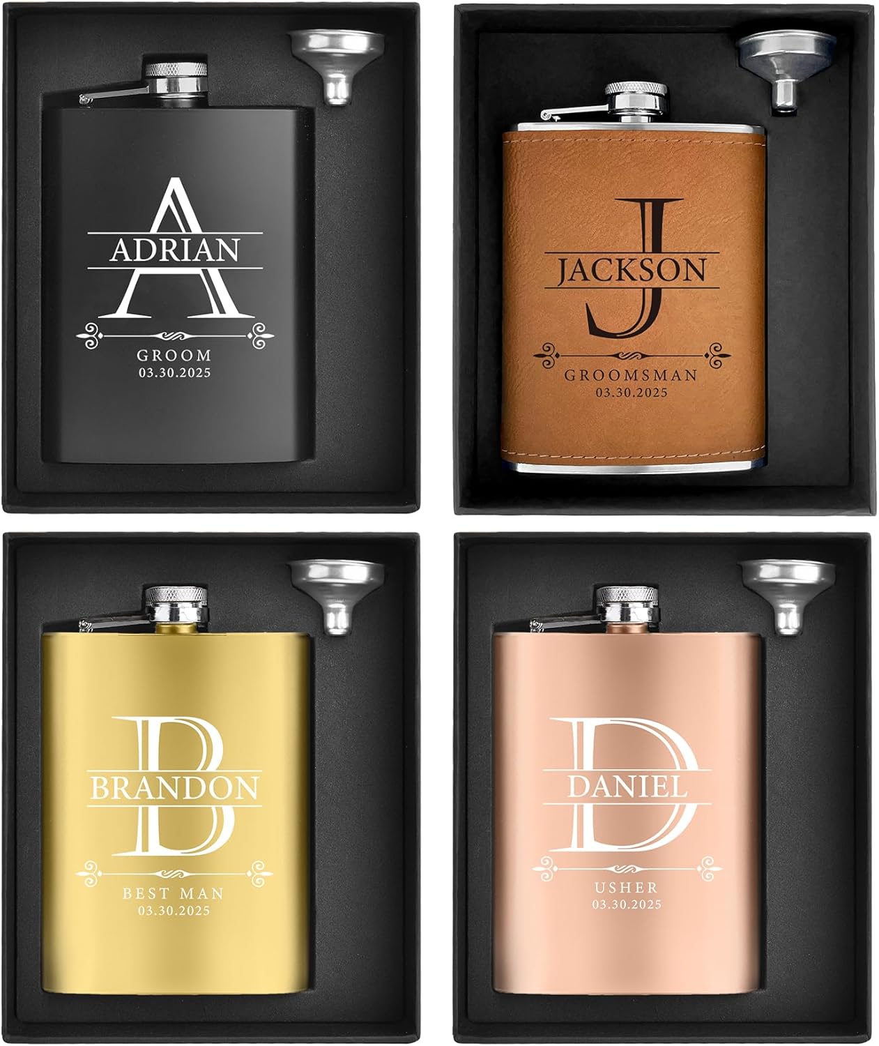 ELEGANTPARK Personalized Groomsmen Flasks with Initials Groomsmen Gifts Monogrammed Gifts Custom Wedding Flasks for Men Stainless Steel 8 OZ 1 Pcs