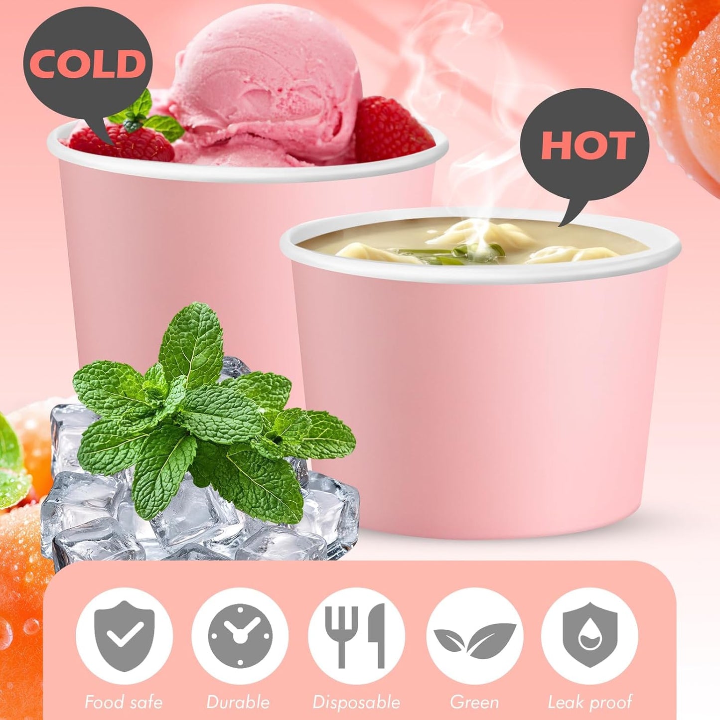 Paper Ice Cream Cups 9oz Colored Disposable Dessert Bowls for Hot or Cold Food Party Cups for Birthday Baby Shower Easter Party Supplies(Pink,60 Pcs)