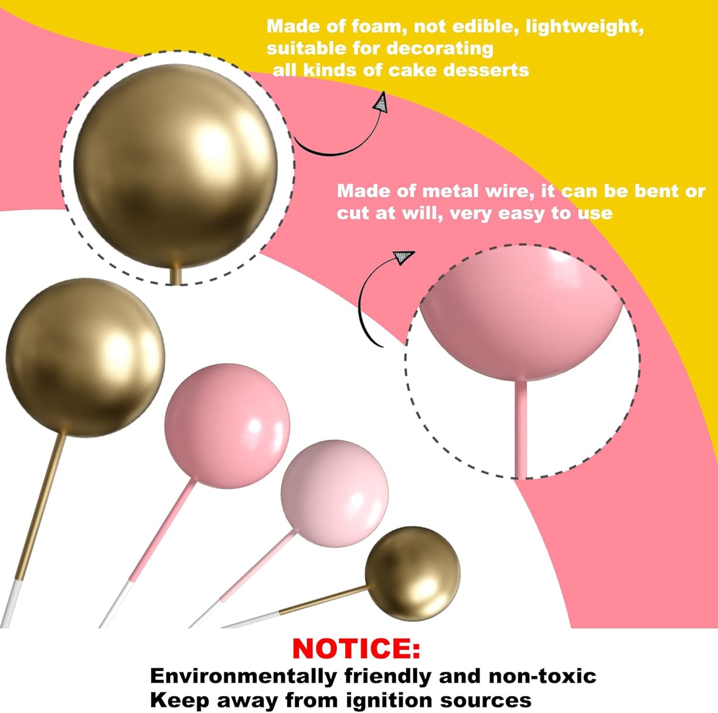 36 Pack Balls Cake Topper Decorations Foam Balloons Cake Decorations Sticks Mini Balloons Cake Toppers Balls Cake Picks for Baby Shower Wedding Anniversary Birthday Party Decorations Pink Gold