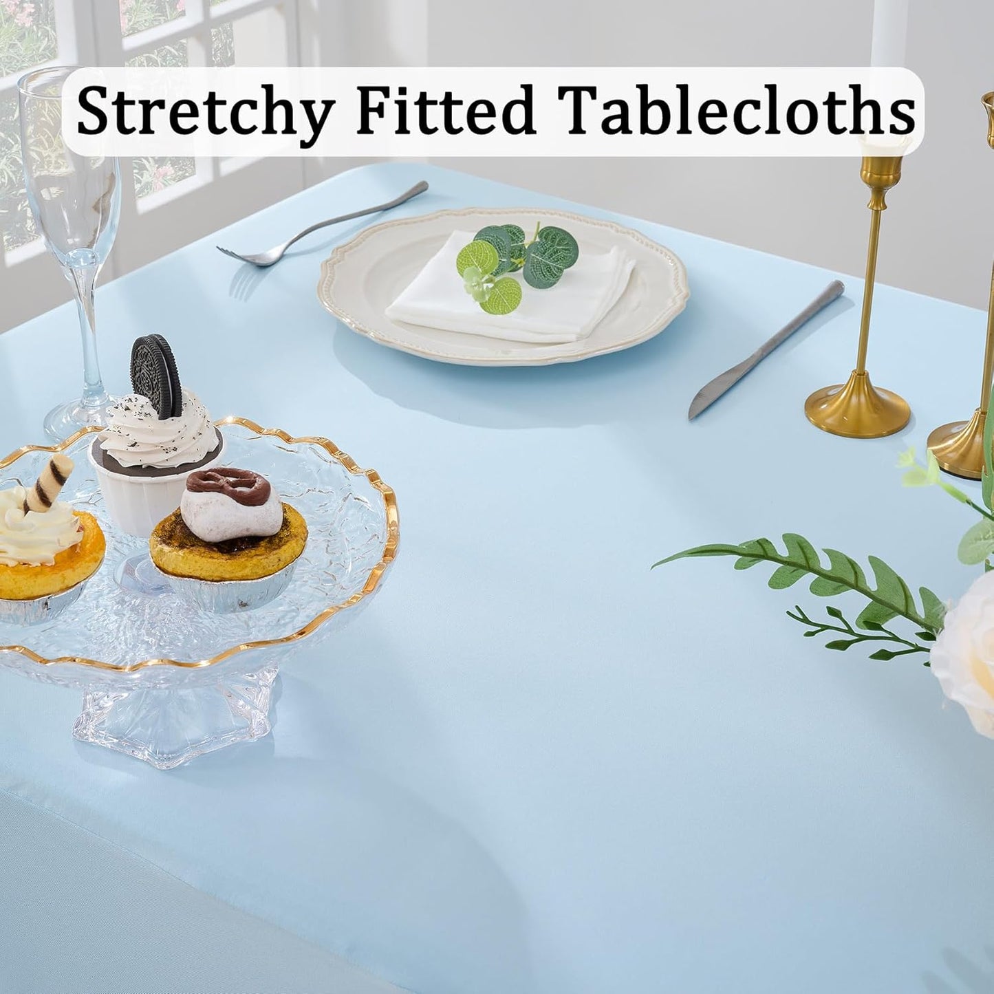 4 Pack Spandex Baby Blue Tablecloth for 8 Foot Rectangle Tables, Wrinkle Free Fitted Table Cloth 8ft Stretchy Light Blue Tablecover Desk Skirt for Birthday Party Wedding Banquet Baby Shower