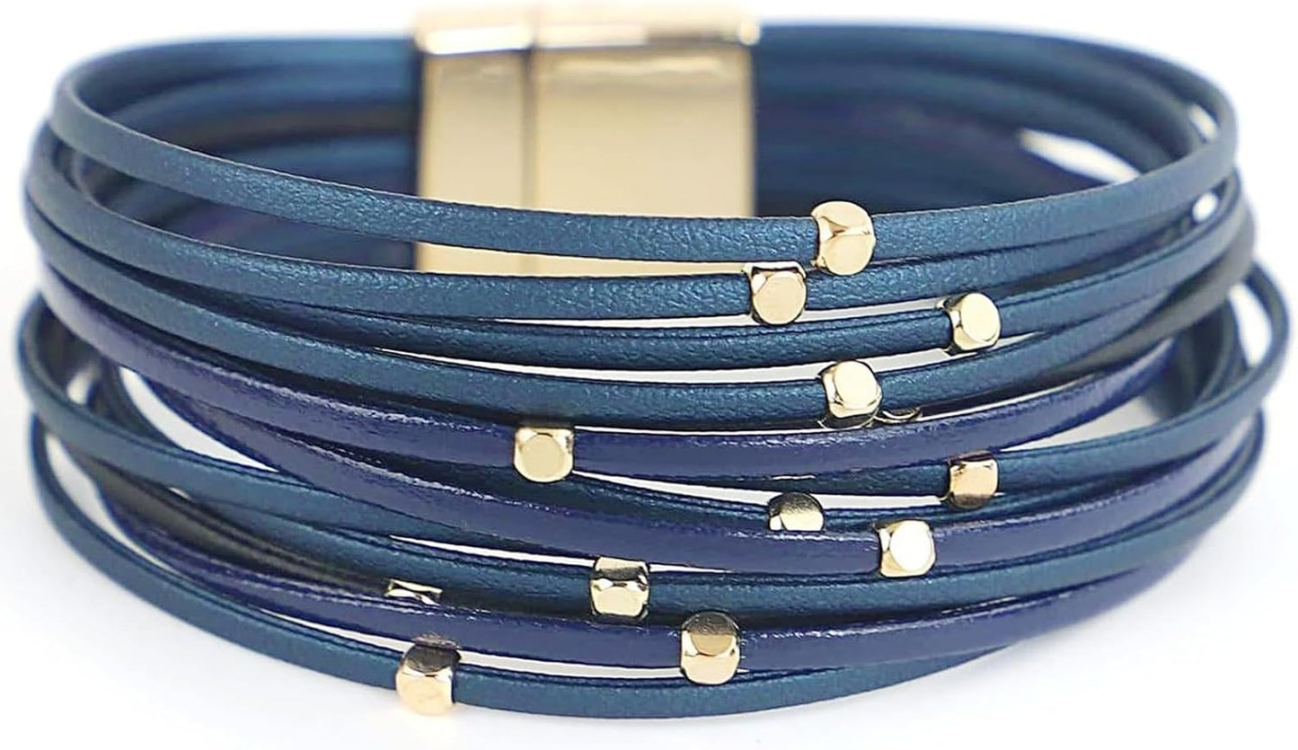 Fesciory Leopard Bracelet for Women, Boho Leather Wrap Multi-Layer Pearl Crystal Bracelet Bangle Jewelry