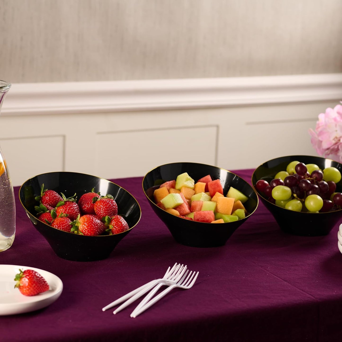 PLASTICPRO Angled Plastic Bowls Disposable Medium Plastic Black Serving Bowls with Gold Rim for Party for Appetizer Salads Pack of 4