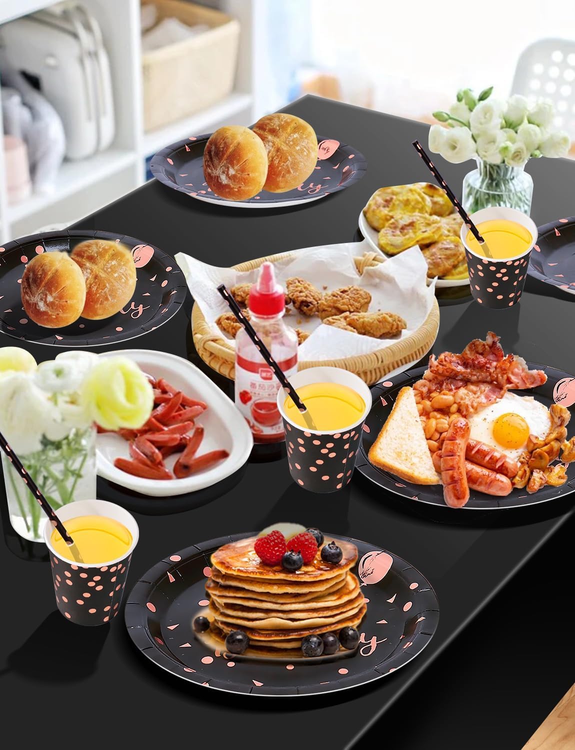Birthday Party Tableware, 161 Pieces Black and Rosegold Party Supplies, Party Dinnerware Sets Include Paper Plates Napkins Cups Silverware, for Shower Engagement Parties Decoration -20 Serves