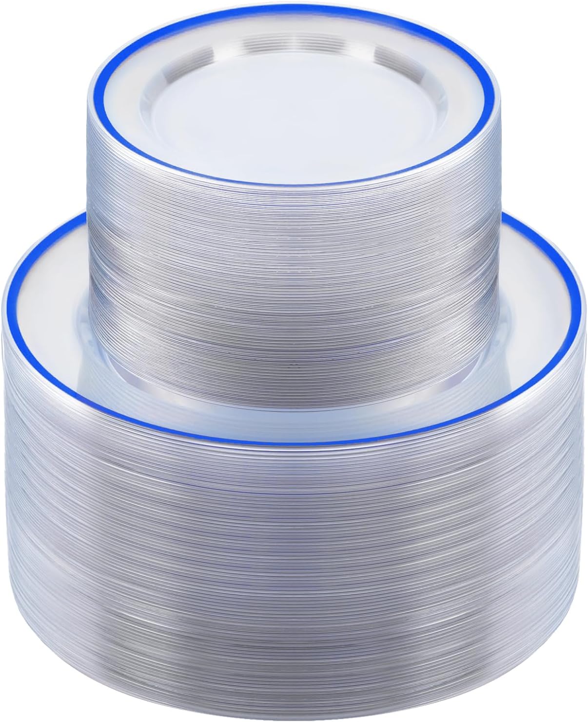 200PCS Blue and Clear Plastic Plates, Blue Disposable Plate Set with 100 Dinner Plate and 100 Dessert Plates for Party, National Day