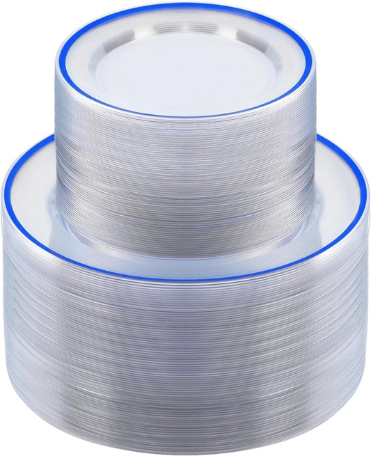 200PCS Blue and Clear Plastic Plates, Blue Disposable Plate Set with 100 Dinner Plate and 100 Dessert Plates for Party, National Day